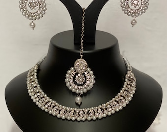 Collana asiatica con orecchini e abiti da festa tikka, colore argento, set di gioielli in stile Bollywood, stile indiano, pakistano, set elegante