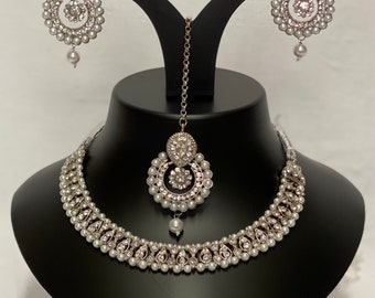Conjunto de colar asiático com brincos e roupas de festa tikka, cor prata, conjunto de joias estilo Bollywood, estilo indiano e paquistanês, conjunto elegante