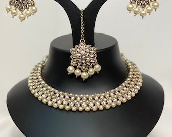 Asian bridal Necklace set GOLD with WHITE stud earrings mang tikka wedding party wear indian  style jewellery  Bollywood  Jewellery bridal