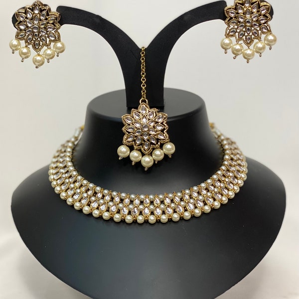 Asian bridal Necklace set GOLD with WHITE stud earrings mang tikka wedding party wear indian  style jewellery  Bollywood  Jewellery bridal