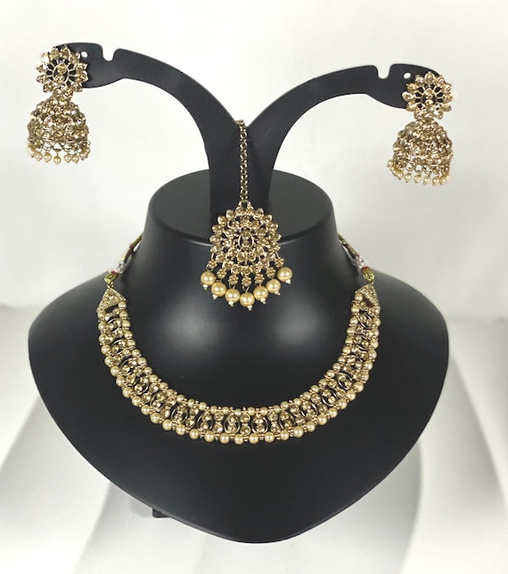 Asian Necklace set with zhumki earrings and tikka party wear, GOLD colour shadow stone indian Bollywood style jewellery set