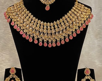 Asiatischer Brautschmuck set in PINK mit Ohrringen und Tikka, Partymode, Indianer, Pakistani Stil Schmuckset, Bollywood Stil