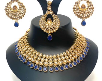 Conjunto de collar de novia asiático en ORO con color NAVY con aretes y tikka, ropa de fiesta Conjunto de joyas de estilo indio, paquistaní, estilo Bollywood