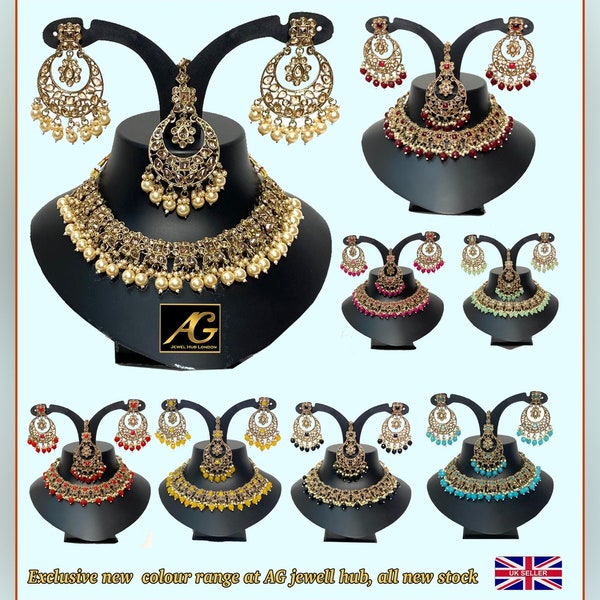 Asian bridal Necklace set earrings mang tikka, wedding party wear indian  style jewellery set in crystal stone gems, antique polish