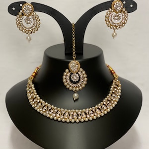 Asian Necklace set with earrings and tikka party wear, GOLD withWhite colour, Bollywood style jewellery set