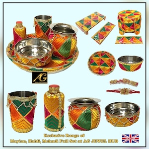 Indian Pakistani Maiyan, Haldi, Mendi, wedding accessories Decorative plates Bowl Garbi glass oil keep sitting stool  with ganne full set
