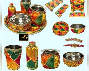 Indio paquistaní Maiyan, Haldi, Mendi, accesorios de boda Platos decorativos Bowl Garbi aceite de vidrio mantener taburete sentado con ganne juego completo