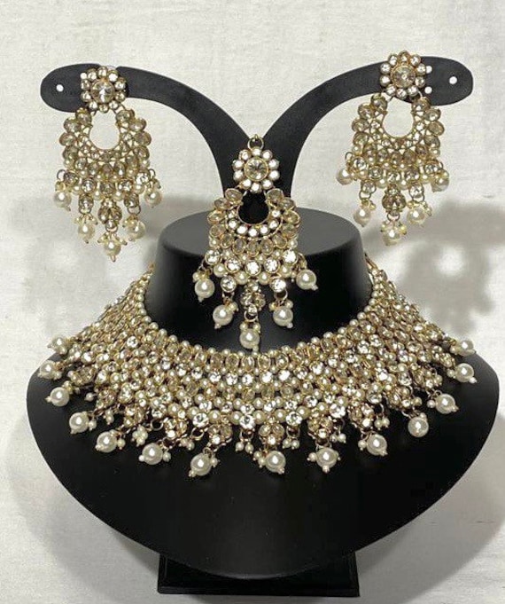 Pakistani Indian Bollywood Kundan Black Choker Necklace Wedding Jewelry Set  New