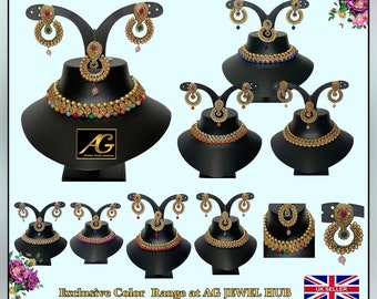 Conjunto de collar indio asiático pendientes mang tikka ropa de fiesta de bodas, conjunto de joyas de estilo Bollywood, estilo pakistaní, conjunto de diseñador de 8 colores