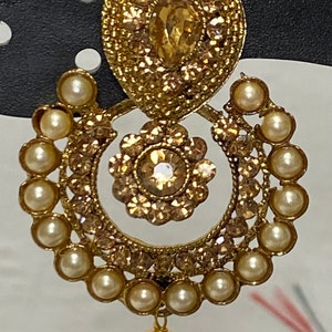 Conjunto de collar indio asiático pendientes Mang tikka ropa de fiesta de boda, color dorado, conjunto de joyas de estilo pakistaní de Bollywood diseño elegante imagen 2