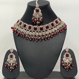 Parure de collier de mariée asiatique, boucles d'oreilles mang tikka, bijoux de style indien pour tenue de fête de mariage sertis de pierres précieuses en cristal, vernis antique image 2