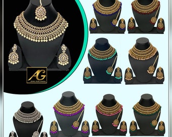 Conjunto de collar asiático indio pendientes Mang tikka diseñador de fiesta de bodas Conjunto de joyas de estilo Bollywood disponible en 8 colores diferentes