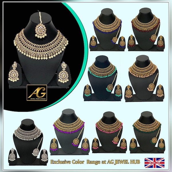 Ensemble de collier indien asiatique boucles d'oreilles Mang tikka concepteur de fête de mariage ensemble de bijoux de style Bollywood disponible 8 couleurs différentes