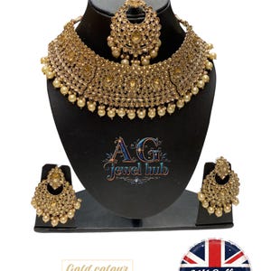 Asian bridal Choker set earrings Mang tikka wedding party wear indian  style jewellery set in crystal stone gems, Antique polish body