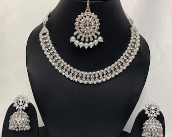 Asian Necklace set earrings tikka, Indian bridal SILVER  colour with zhumki, party wear Bollywood style jewellery set Indian Pakistani style