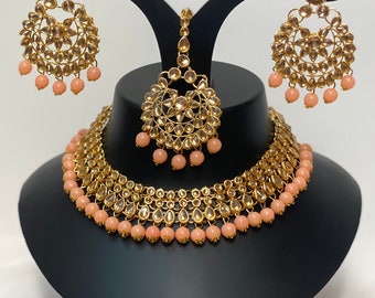 Asian bridal Necklace set  earrings mang tikka, wedding party wear in PEACH colour beads jewellery set, Indian Pakistani style bridesmaid