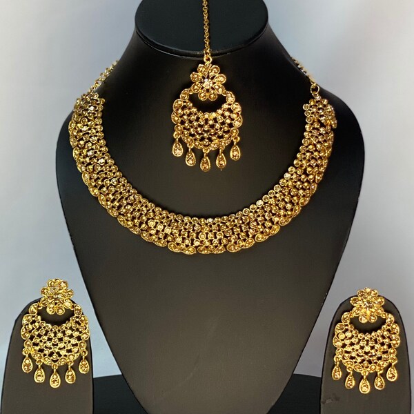 Asian party wear Necklace set in gold with white & silver colour combination with earrings and tikka, Bollywood style jewellery set,