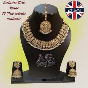Asian party wear Necklace set earrings Tikka, party wear wedding jewellery Indian Pakistani style colours available exclusivel jewellery set