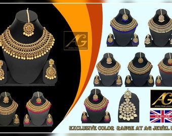 Indische asiatische Halskette Set Ohrringe Mang Tikka Hochzeit Party Designer Bollywood-Stil Schmuck-Set verfügbar 8 verschiedene Farben