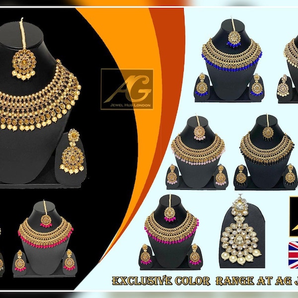 Ensemble de collier indien asiatique boucles d'oreilles Mang tikka concepteur de fête de mariage ensemble de bijoux de style Bollywood disponible 8 couleurs différentes