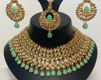 Conjunto de collar de novia asiático en color MINT con pendientes y tikka, ropa de fiesta, conjunto de joyas de estilo indio y paquistaní, estilo Bollywood