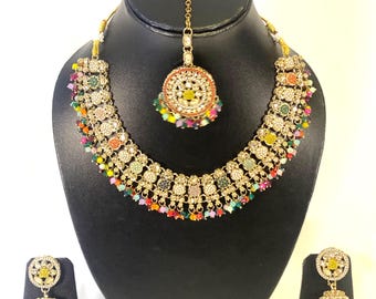 Asian Necklace set with zhumki earrings and tikka party wear, MULTI colour shadow stone indian  Bollywood style jewellery set