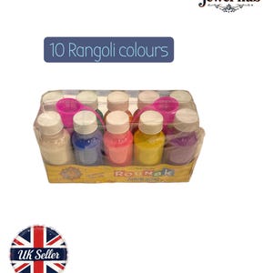 May include: A box of ten Rangoli colors in small plastic bottles. The colors include white, blue, pink, yellow, and purple. The text "10 Rangoli colors" is displayed on a blue rectangle.