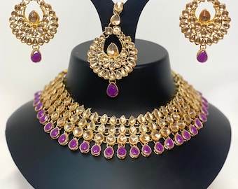 Asian bridal necklace set in GOLD with PURPLE colour with earrings and tikka, party wear Indian,Pakistani style jewellery set, Bollywood sty