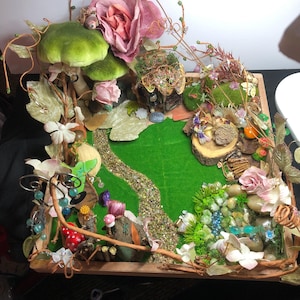 12” x 12” Handmade Miniature Fairy Garden with flowers, jewels, trinkets, mushrooms and rocks