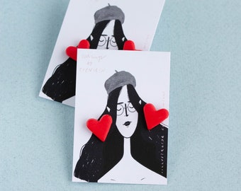 Red Heart Clip-On Earrings: Hypoallergenic Metal-Free Studs