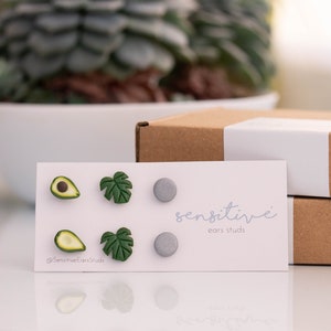Avocado Monstera Stud Earrings Set: Hypoallergenic Plastic Post