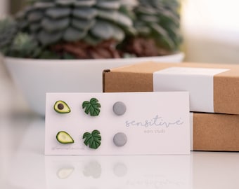 Avocado Monstera Stud Earrings Set: Hypoallergenic Plastic Post