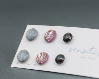Hypoallergenic Polymer Clay Stud Earrings: Metal Free, Sensitive Ears (3 Pair Set)
