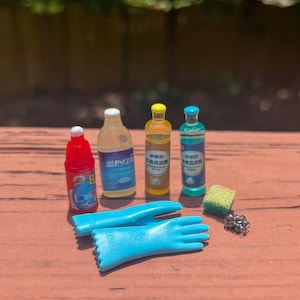 Dollhouse 1/12 scale miniature set of cleaning supplies blue gloves