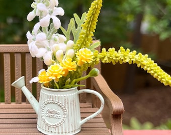 Dollhouse 1/12 scale miniature metal watering can with glued in flowers, green and yellow