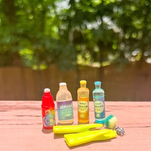 Dollhouse 1/12 scale miniature set of cleaning supplies yellow gloves