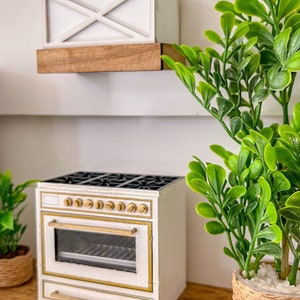 May include: White miniature stove with gold trim and a glass oven door. The stove is on a wooden surface with a white range hood above it. A potted green plant is on the right side of the image.