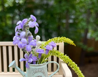 Dollhouse 1/12 scale miniature metal watering can with glued in flowers, green and purple