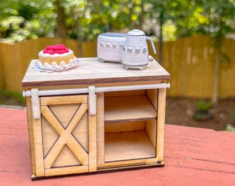 KIT! Dollhouse 1/12 scale miniature kitchen barn door coffee table. Laser cut. Functional door