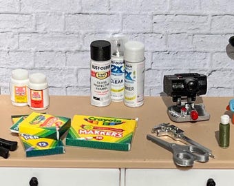 Dollhouse 1/12 scale miniature arts and crafts  supplies and instruments set. 3D printed and hand painted