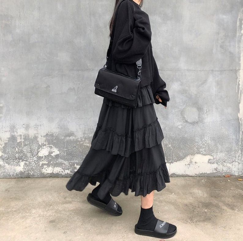 Gothic Lolita Grunge Aesthetic Ruched Ruffles Skirt