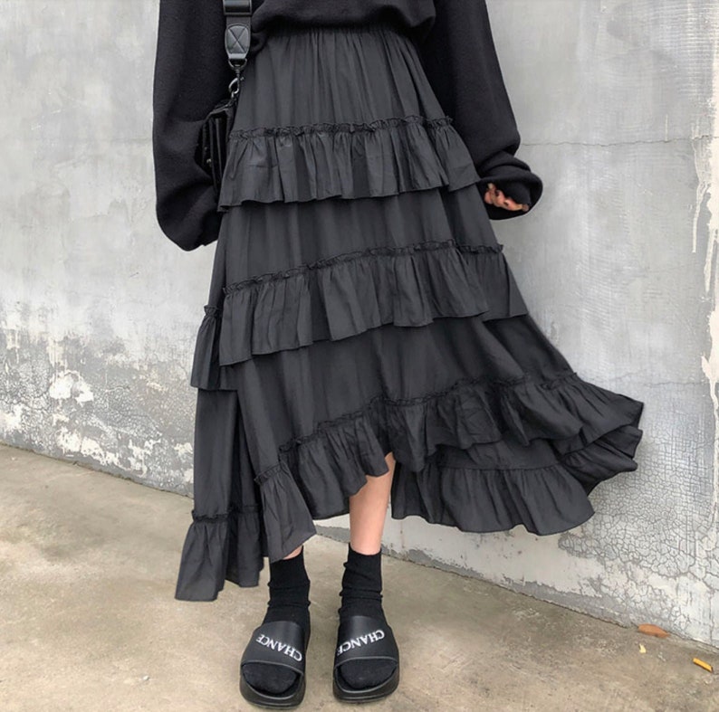 Gothic Lolita Grunge Aesthetic Ruched Ruffles Skirt