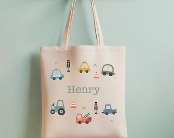 Personalised Boy's Name - Children's Car Vehicles Canvas Tote Bag