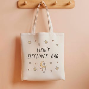 Personalised Name - Moon & Stars Girl's Boho Sleepover Canvas Tote Bag