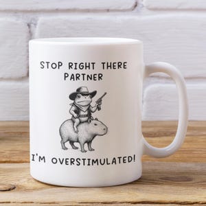 May include: White ceramic mug featuring a cartoon frog in a cowboy hat riding a capybara, holding a gun. The mug has the text "STOP RIGHT THERE PARTNER" and "I'M OVERSTIMULATED!"