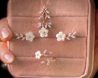Sakura Engagement Jewelry Set in 925K Sterling Silver: Nature Inspired Cherry Blossom Jewelry Set Christmas Gifts Her