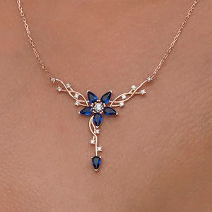 Genuine Sapphire Flower Necklace: Blue Birthstone Floral Jewelry in Solid Gold Options