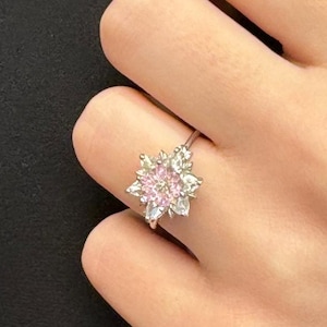 Pink Quartz Lotus Sterling Silver Ring, Dainty Lotus Flower Ring, Spiritual Flower Jewelry, Minimalist Lotus Flower Ring, Gift for Her