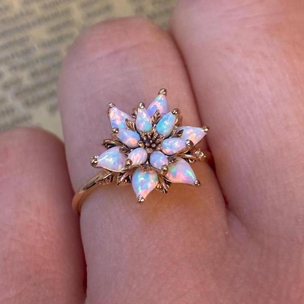 White Opal Flower Ring – Opal Engagement Ring, October Birthstone Ring, Dainty Floral Ring for Women, Unique Promise Ring