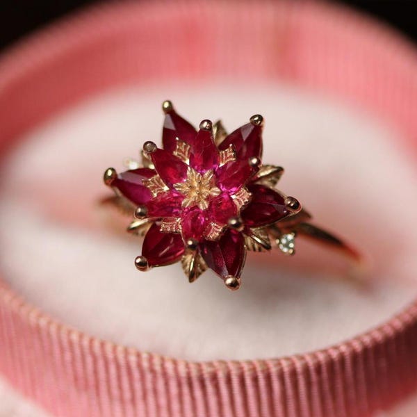 Ruby Lotus Ring, July Birthstone Promise Ring for Her, Red Gemstone Engagement Ring, Floral Anniversary Gift